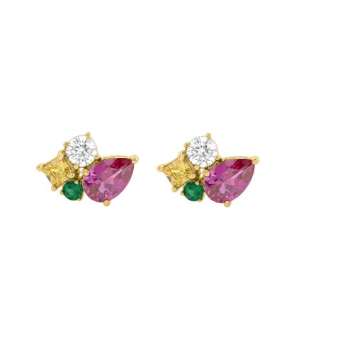 14K White Gold Diamond & Multicolor Sapphire Cluster Fashion Earrings For Women 1 3/8Ct Round, Yellow Princess & Pink Pear Diamonds With Emerald Round Diamond (Color F-G -Clarity Vs1/Vs2)