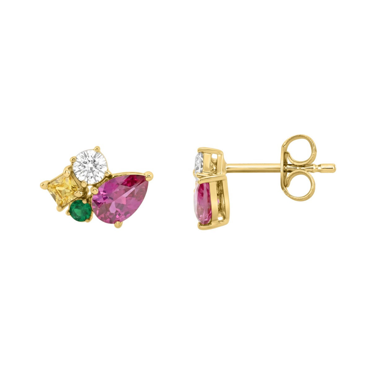 14K White Gold Diamond & Multicolor Sapphire Cluster Fashion Earrings For Women 1 3/8Ct Round, Yellow Princess & Pink Pear Diamonds With Emerald Round Diamond (Color F-G -Clarity Vs1/Vs2)