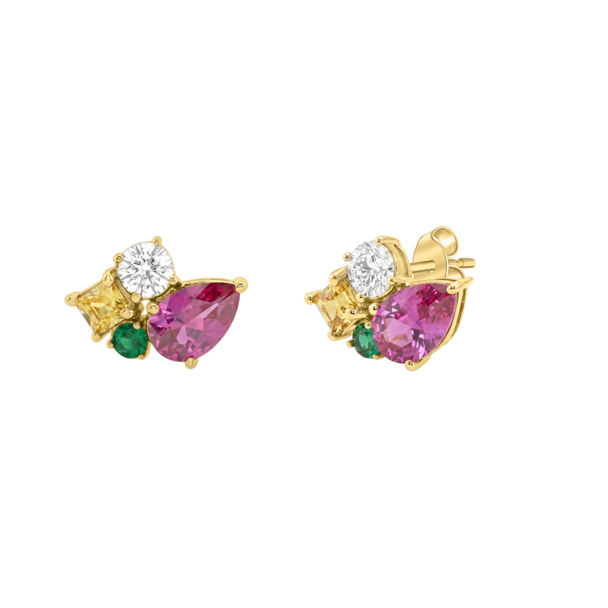 14K White Gold Diamond & Multicolor Sapphire Cluster Fashion Earrings For Women 1 3/8Ct Round, Yellow Princess & Pink Pear Diamonds With Emerald Round Diamond (Color F-G -Clarity Vs1/Vs2)