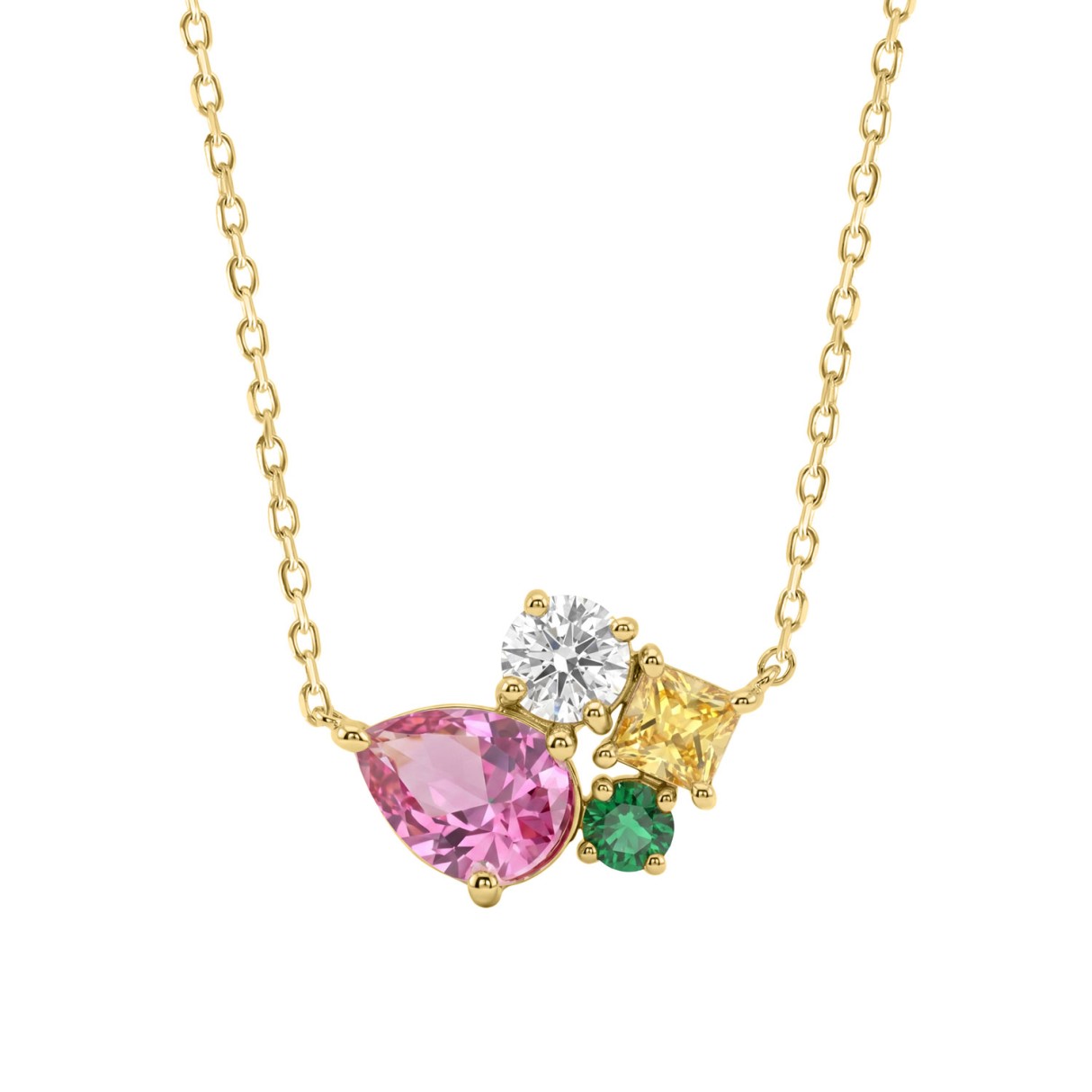14K White Gold Diamond & Multicolor Sapphire Cluster Fashion Necklace For Women 1 1/5Ct Round, Yellow Princess & Pink Pear Diamonds With Emerald Round Diamond (Color F-G -Clarity Vs1/Vs2)