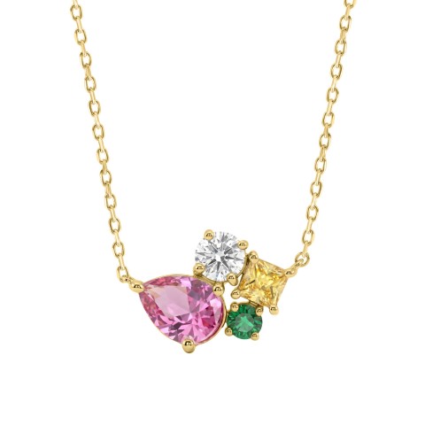 14K White Gold Diamond & Multicolor Sapphire Cluster Fashion Necklace For Women 1 1/5Ct Round, Yellow Princess & Pink Pear Diamonds With Emerald Round Diamond (Color F-G -Clarity Vs1/Vs2)