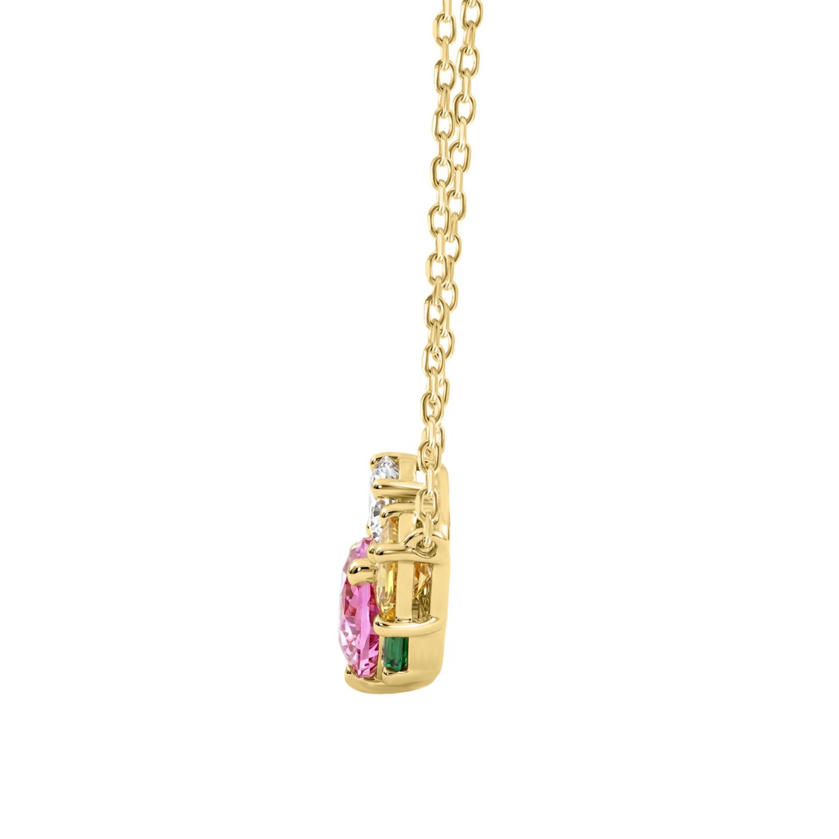 14K White Gold Diamond & Multicolor Sapphire Cluster Fashion Necklace For Women 1 1/5Ct Round, Yellow Princess & Pink Pear Diamonds With Emerald Round Diamond (Color F-G -Clarity Vs1/Vs2)