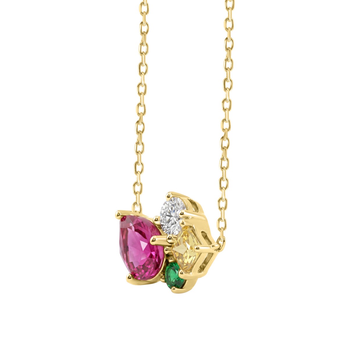 14K White Gold Diamond & Multicolor Sapphire Cluster Fashion Necklace For Women 1 1/5Ct Round, Yellow Princess & Pink Pear Diamonds With Emerald Round Diamond (Color F-G -Clarity Vs1/Vs2)