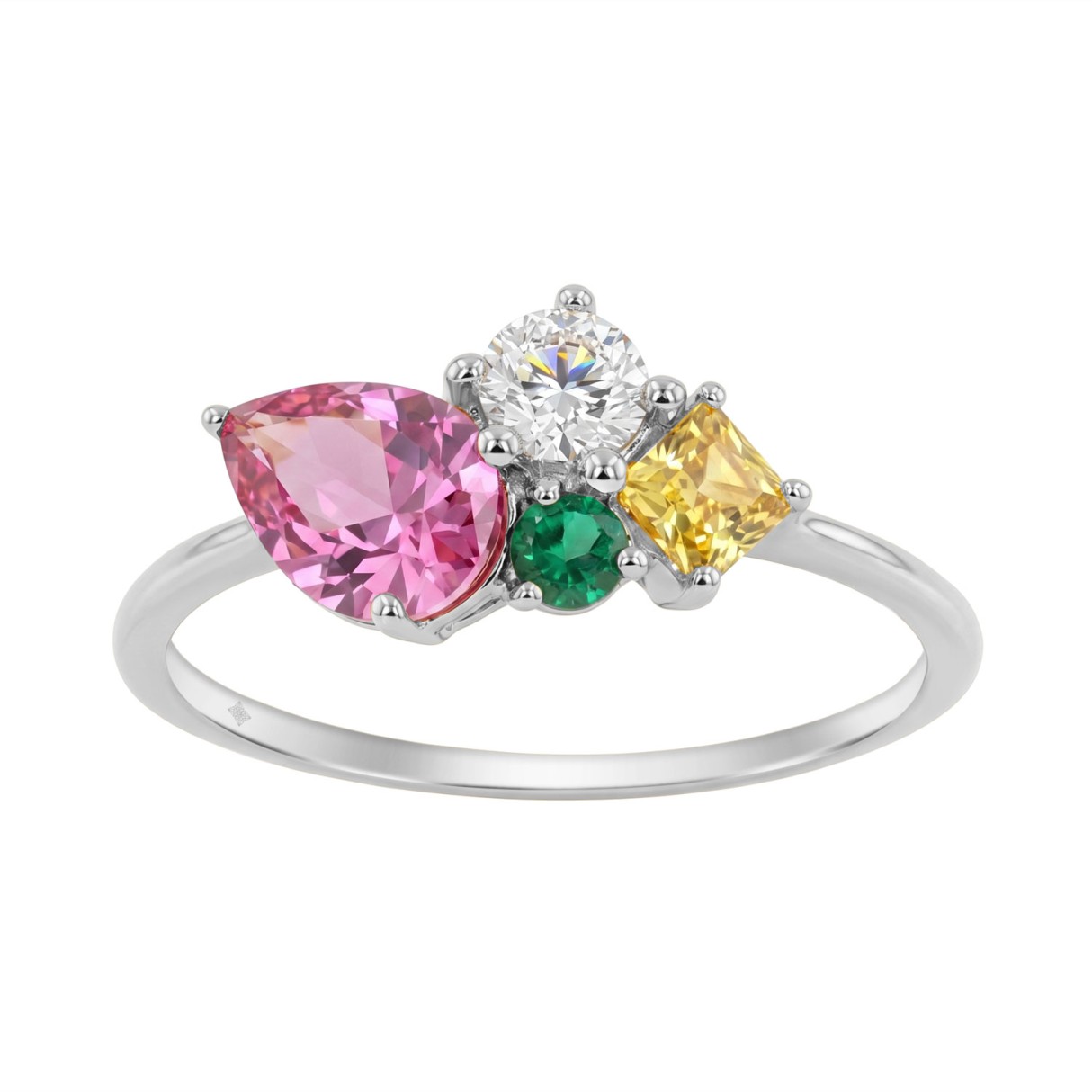 14K Yellow Gold Diamond & Multicolor Sapphire Cluster Fashion Ring For Women 1 1/5Ct Round, Yellow Princess & Pink Pear Diamonds With Emerald Round Diamond (Color F-G -Clarity Vs1/Vs2)