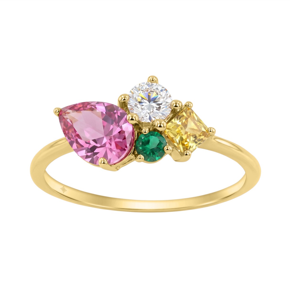 14K Yellow Gold Diamond & Multicolor Sapphire Cluster Fashion Ring For Women 1 1/5Ct Round, Yellow Princess & Pink Pear Diamonds With Emerald Round Diamond (Color F-G -Clarity Vs1/Vs2)