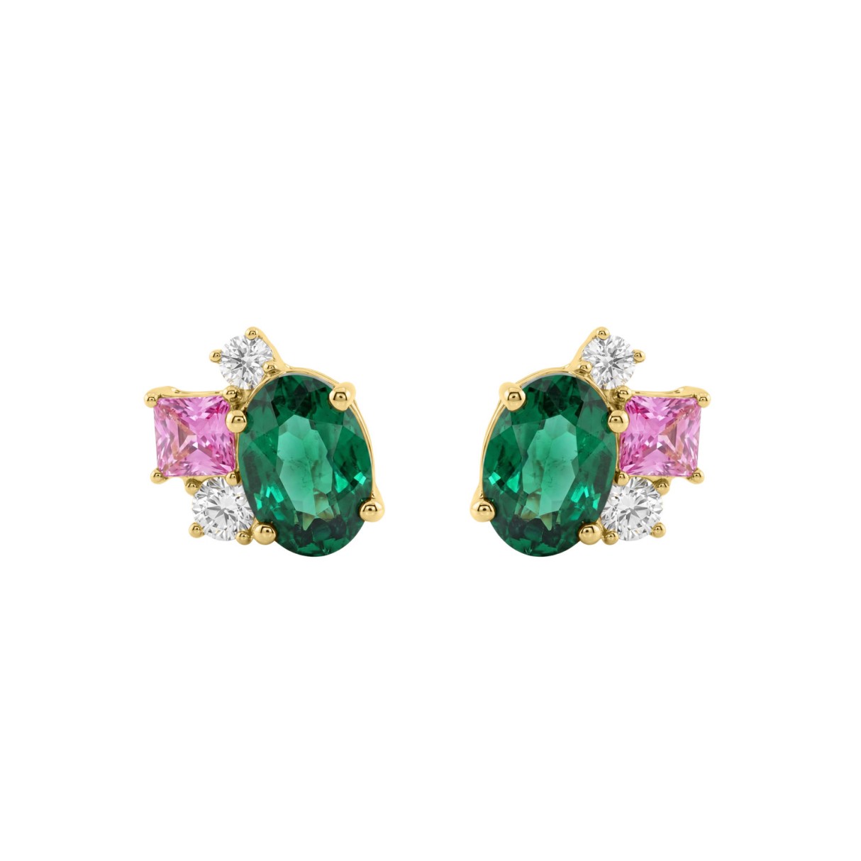 Elegant 14K Yellow Gold Diamond, Green Emerald Oval & Princess Pink Sapphire Fashion Earrings 2 5/8Ct Round Diamond Cut Fine Jewelry (Color F-G -Clarity Vs1/Vs2)