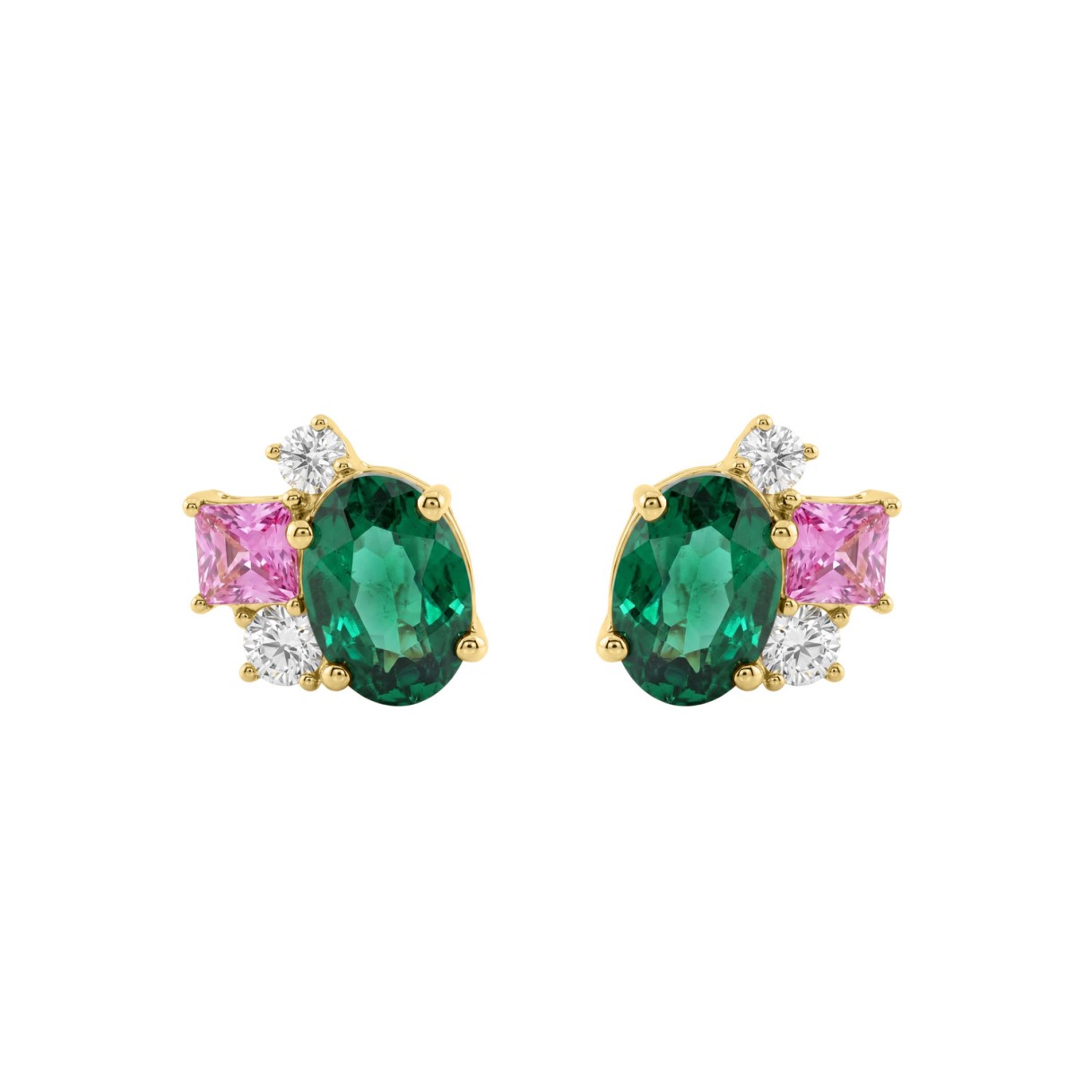 Elegant 14K Yellow Gold Diamond, Green Emerald Oval & Princess Pink Sapphire Fashion Earrings 2 5/8Ct Round Diamond Cut Fine Jewelry (Color F-G -Clarity Vs1/Vs2)