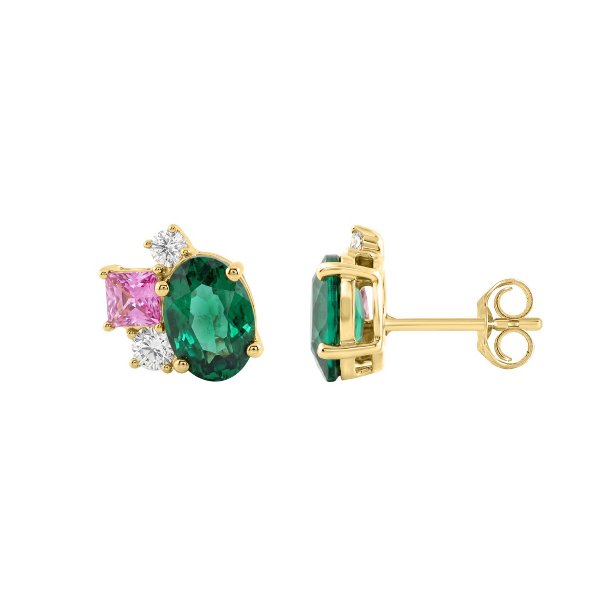 Elegant 14K Yellow Gold Diamond, Green Emerald Oval & Princess Pink Sapphire Fashion Earrings 2 5/8Ct Round Diamond Cut Fine Jewelry (Color F-G -Clarity Vs1/Vs2)