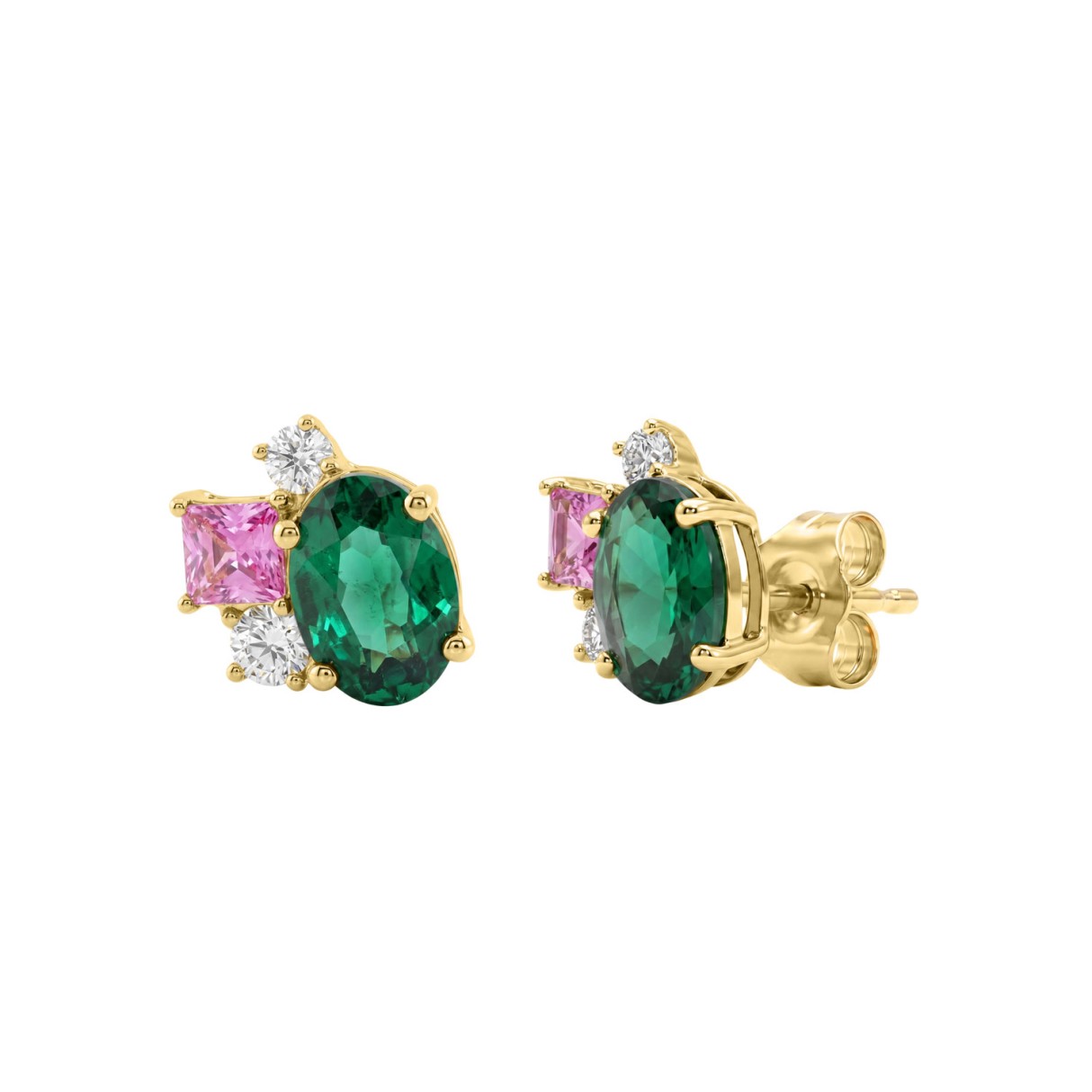 Elegant 14K Yellow Gold Diamond, Green Emerald Oval & Princess Pink Sapphire Fashion Earrings 2 5/8Ct Round Diamond Cut Fine Jewelry (Color F-G -Clarity Vs1/Vs2)