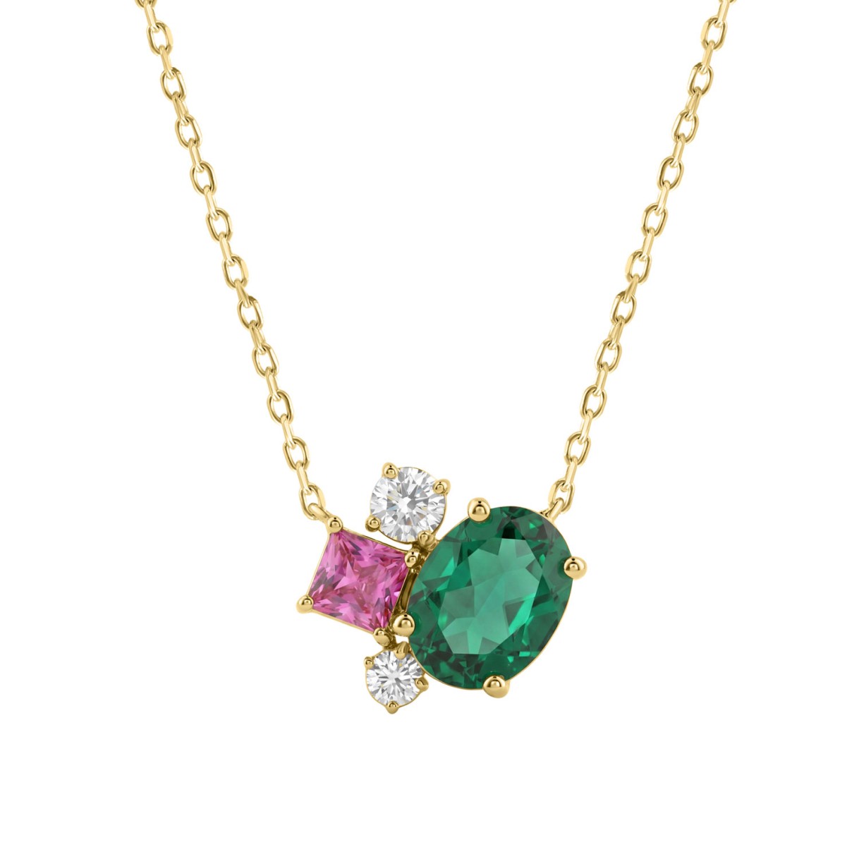 Elegant 14K Yellow Gold Diamond, Green Emerald Oval & Princess Pink Sapphire Fashion Necklace 1 3/4Ct Round Diamond Cut Fine Jewelry (Color F-G -Clarity Vs1/Vs2)