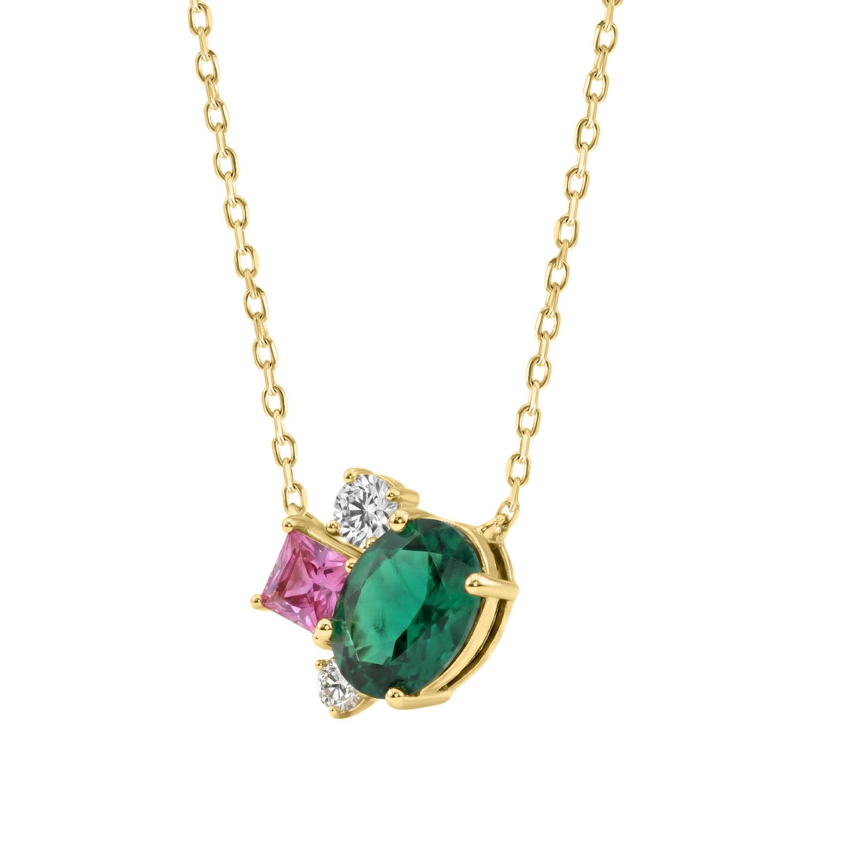 Elegant 14K Yellow Gold Diamond, Green Emerald Oval & Princess Pink Sapphire Fashion Necklace 1 3/4Ct Round Diamond Cut Fine Jewelry (Color F-G -Clarity Vs1/Vs2)