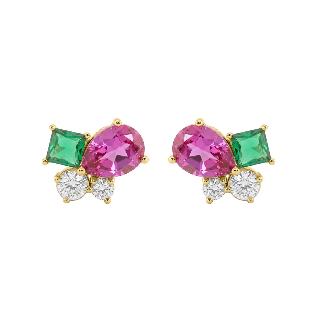 Elegant 14K Yellow Gold Diamond, Green Emerald Princess & Pear Pink Sapphire Fashion Earrings 2 1/6Ct Round Diamond Cut Fine Jewelry (Color F-G -Clarity Vs1/Vs2)