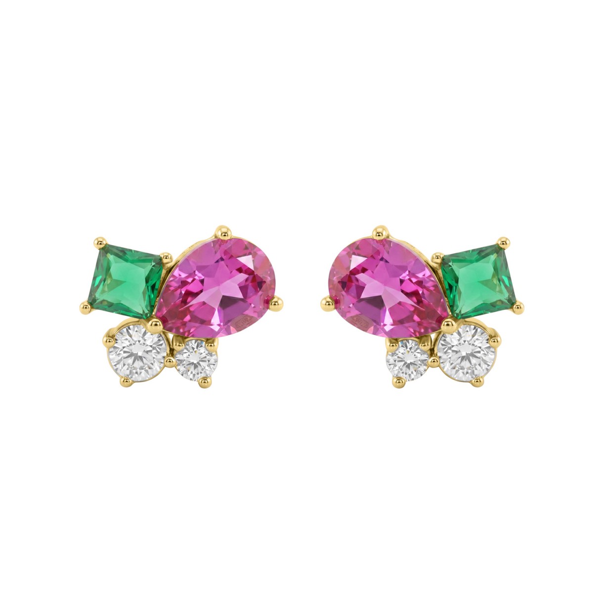 Elegant 14K Yellow Gold Diamond, Green Emerald Princess & Pear Pink Sapphire Fashion Earrings 2 1/6Ct Round Diamond Cut Fine Jewelry (Color F-G -Clarity Vs1/Vs2)