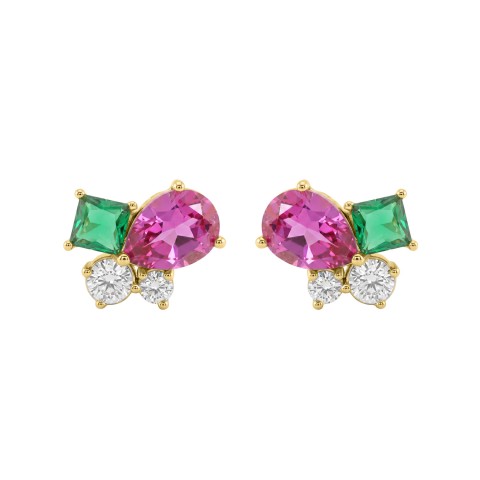 Elegant 14K Yellow Gold Diamond, Green Emerald Princess & Pear Pink Sapphire Fashion Earrings 2 1/6Ct Round Diamond Cut Fine Jewelry (Color F-G -Clarity Vs1/Vs2)