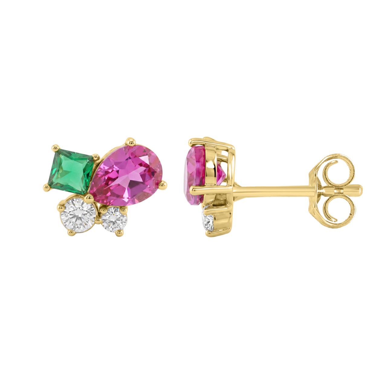 Elegant 14K Yellow Gold Diamond, Green Emerald Princess & Pear Pink Sapphire Fashion Earrings 2 1/6Ct Round Diamond Cut Fine Jewelry (Color F-G -Clarity Vs1/Vs2)
