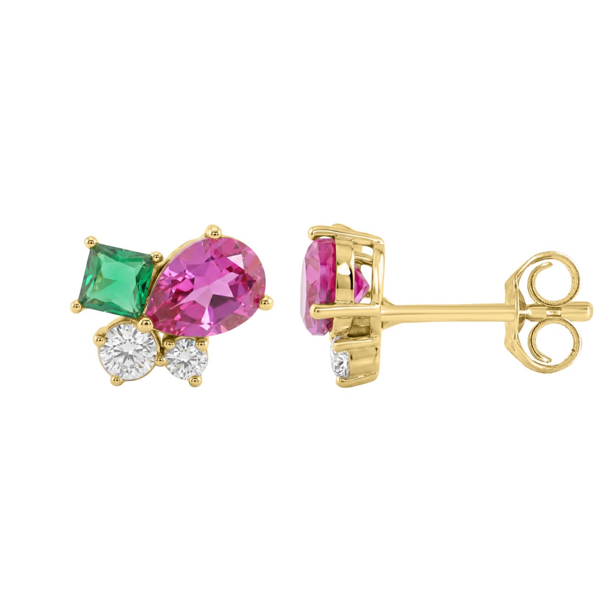 Elegant 14K Yellow Gold Diamond, Green Emerald Princess & Pear Pink Sapphire Fashion Earrings 2 1/6Ct Round Diamond Cut Fine Jewelry (Color F-G -Clarity Vs1/Vs2)