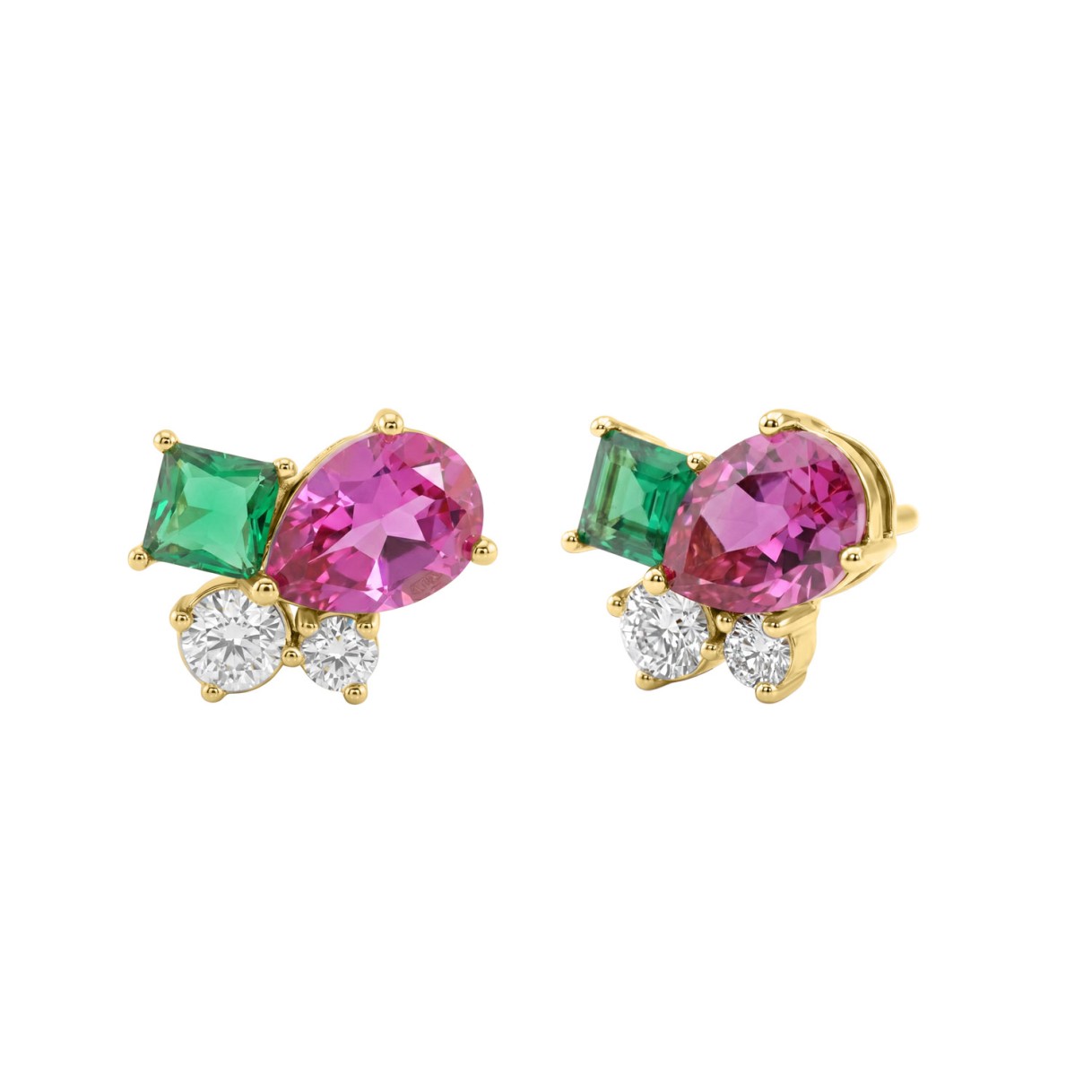 Elegant 14K Yellow Gold Diamond, Green Emerald Princess & Pear Pink Sapphire Fashion Earrings 2 1/6Ct Round Diamond Cut Fine Jewelry (Color F-G -Clarity Vs1/Vs2)