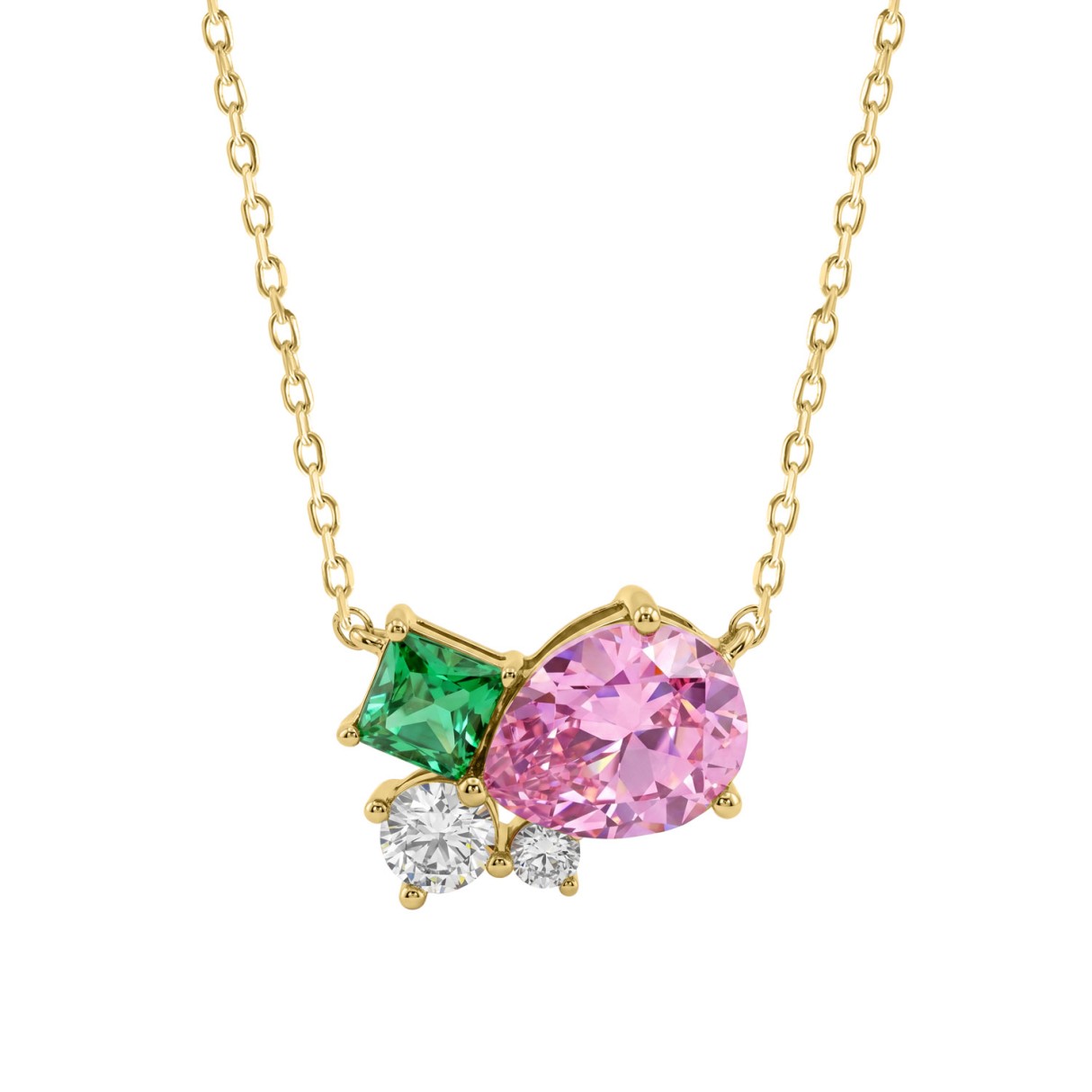 Elegant 14K Yellow Gold Diamond, Green Emerald Princess & Pear Pink Sapphire Fashion Necklace 2 7/8Ct Round Diamond Cut Fine Jewelry (Color F-G -Clarity Vs1/Vs2)