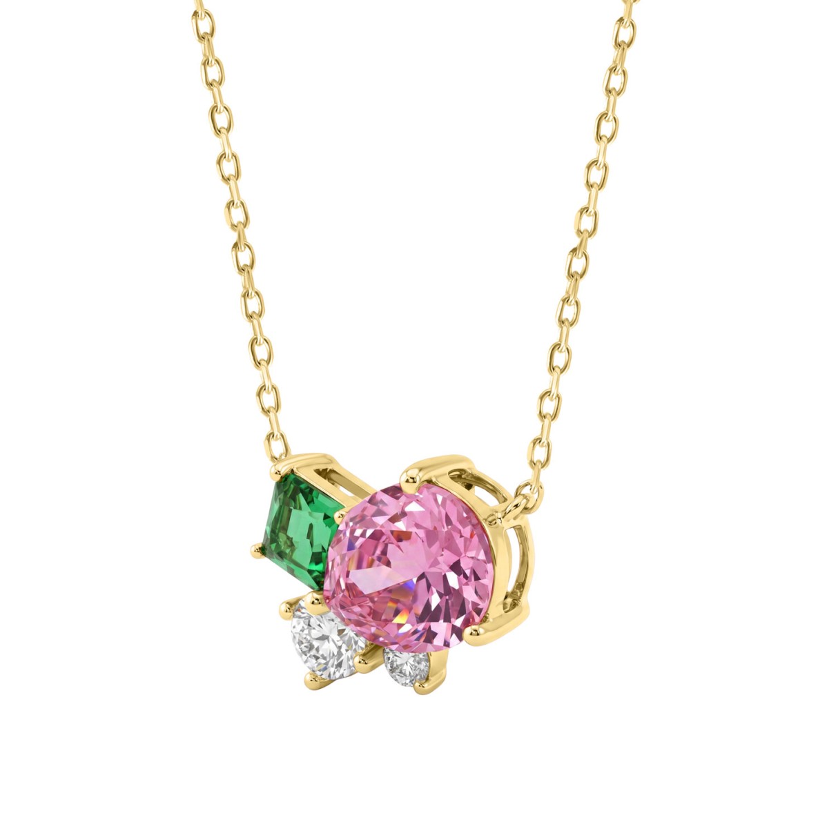 Elegant 14K Yellow Gold Diamond, Green Emerald Princess & Pear Pink Sapphire Fashion Necklace 2 7/8Ct Round Diamond Cut Fine Jewelry (Color F-G -Clarity Vs1/Vs2)