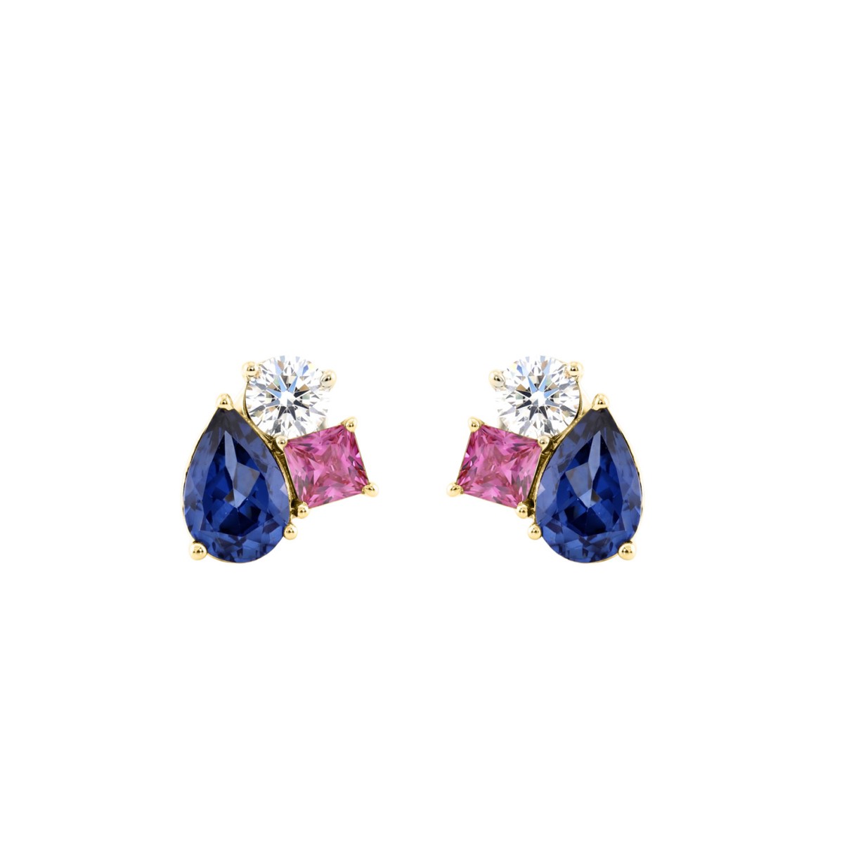 Elegant 14K Yellow Gold Diamond, Pear Blue Sapphire & Princess Pink Sapphire Fashion Earrings 1 1/3Ct Round Diamond Cut Fine Jewelry (Color F-G -Clarity Vs1/Vs2)