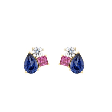 Elegant 14K Yellow Gold Diamond, Pear Blue Sapphire & Princess Pink Sapphire Fashion Earrings 1 1/3Ct Round Diamond Cut Fine Jewelry (Color F-G -Clarity Vs1/Vs2)