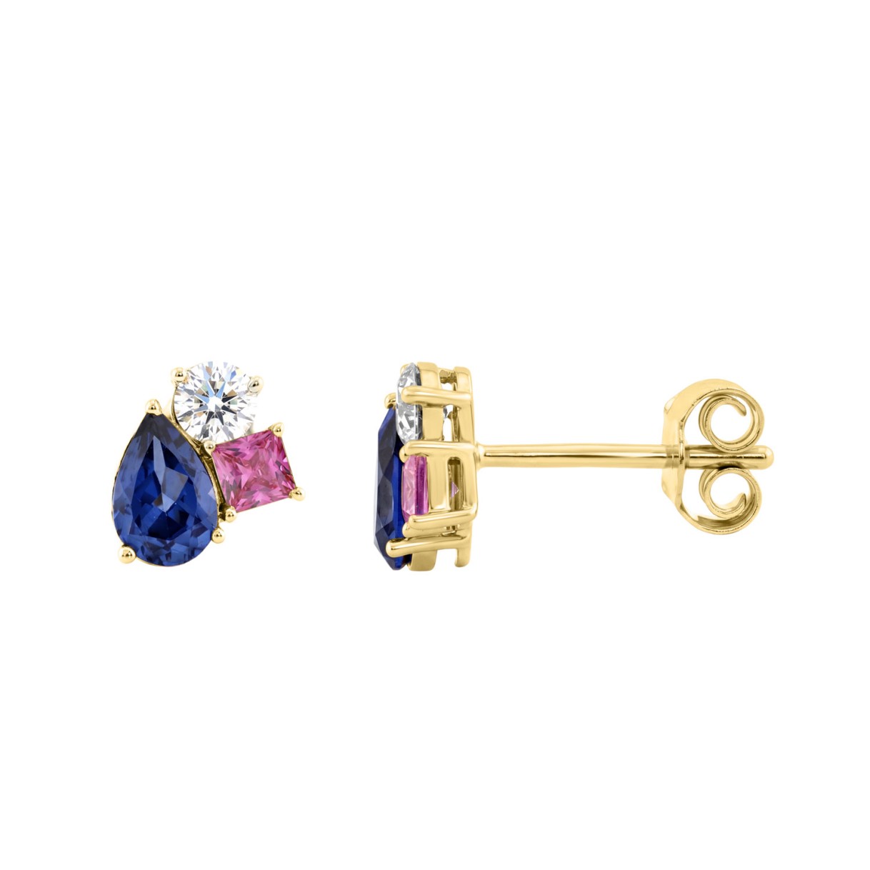Elegant 14K Yellow Gold Diamond, Pear Blue Sapphire & Princess Pink Sapphire Fashion Earrings 1 1/3Ct Round Diamond Cut Fine Jewelry (Color F-G -Clarity Vs1/Vs2)