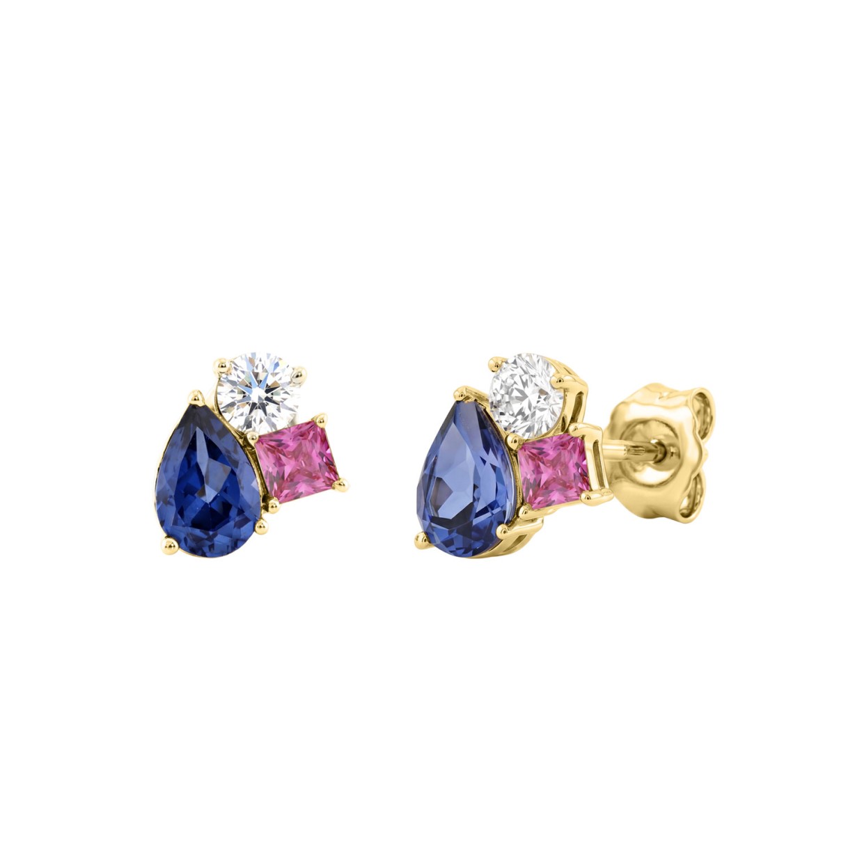 Elegant 14K Yellow Gold Diamond, Pear Blue Sapphire & Princess Pink Sapphire Fashion Earrings 1 1/3Ct Round Diamond Cut Fine Jewelry (Color F-G -Clarity Vs1/Vs2)