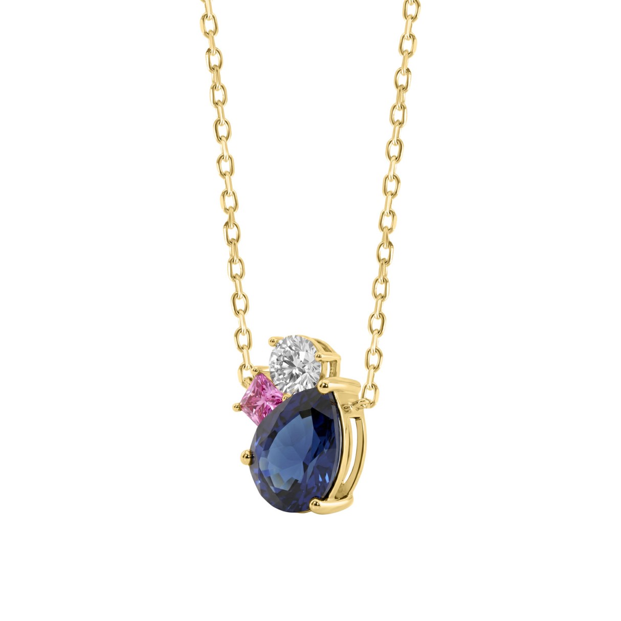 Luxury 14K Yellow Gold Pear Blue Sapphire & Princess Pink Sapphire Round Diamond Necklace 2 3/4Ct Gemstone Cut Fine Jewelry For Women (Color F-G -Clarity Vs1/Vs2)
