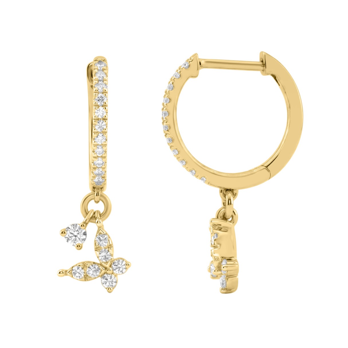 Fashion 10K Yellow` Gold 1/3Ct Ladies Hoop Earrings With Diamonds Butterfly Bliss Design For Ladies