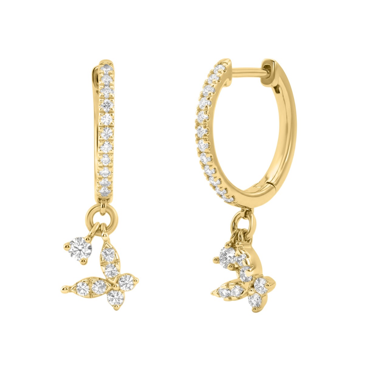Fashion 10K Yellow` Gold 1/3Ct Ladies Hoop Earrings With Diamonds Butterfly Bliss Design For Ladies