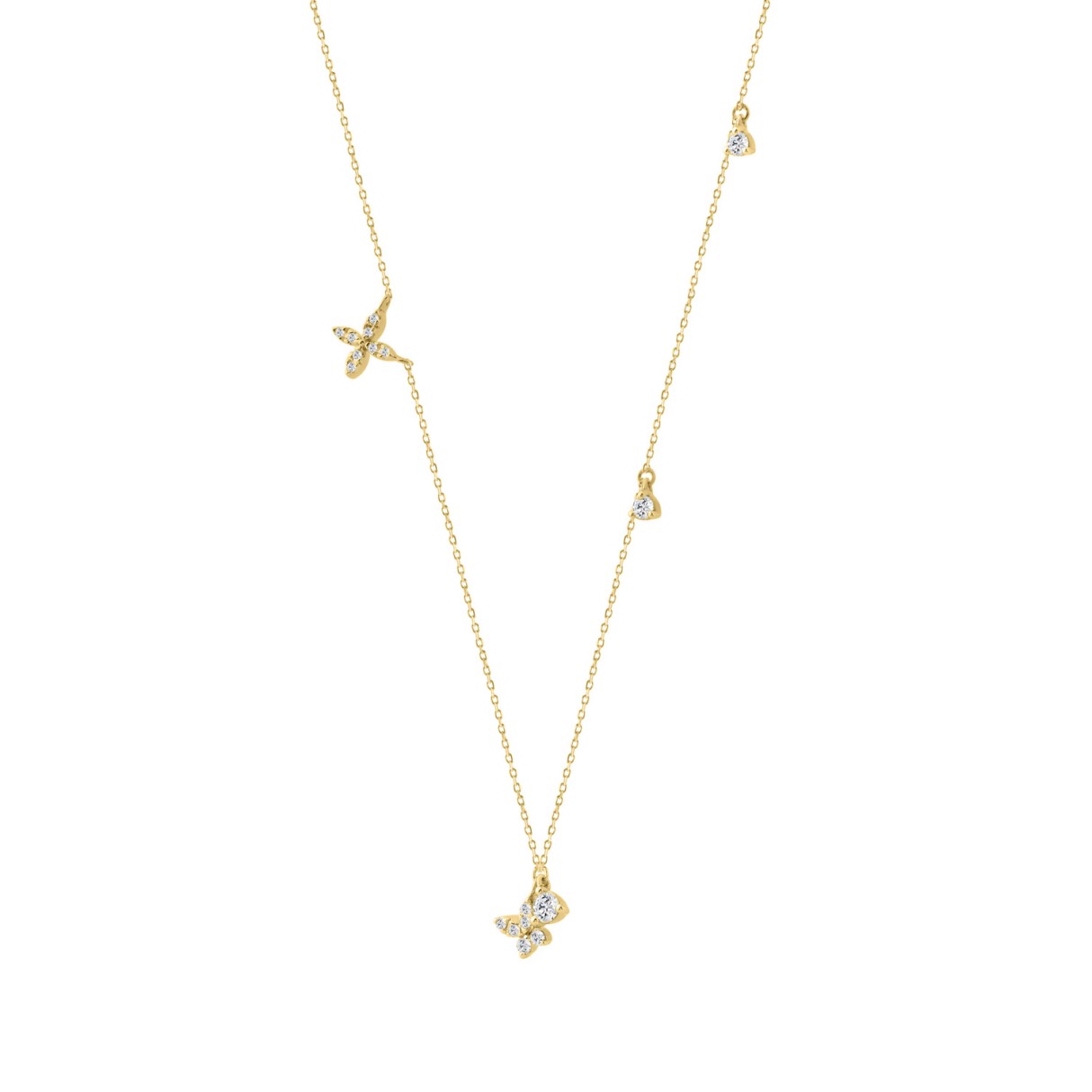 Elegant 10K Yellow Gold 1/3Ct Ladies Necklace Round Diamond Accents Butterfly And Star Charms