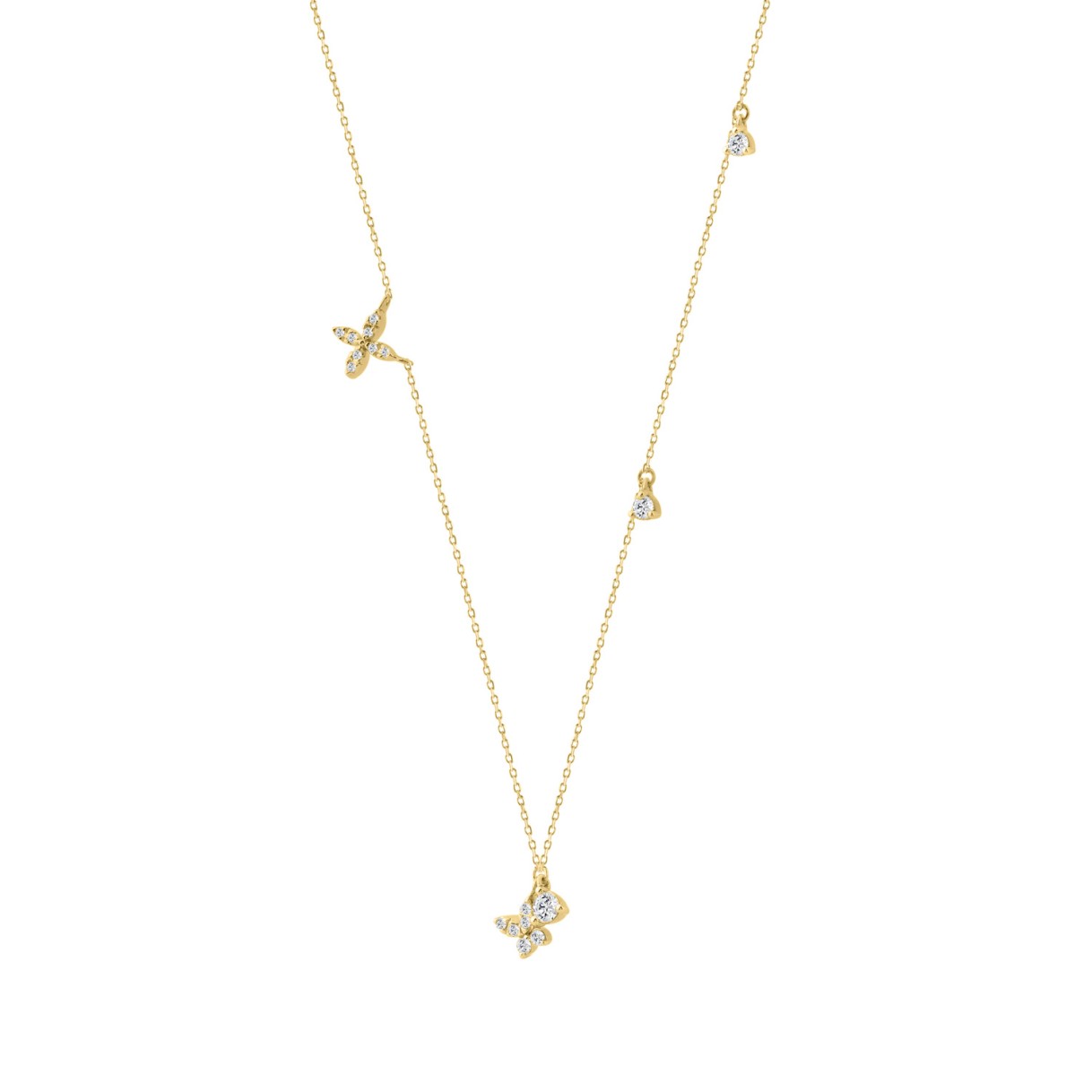 Elegant 10K Yellow Gold 1/3Ct Ladies Necklace Round Diamond Accents Butterfly And Star Charms