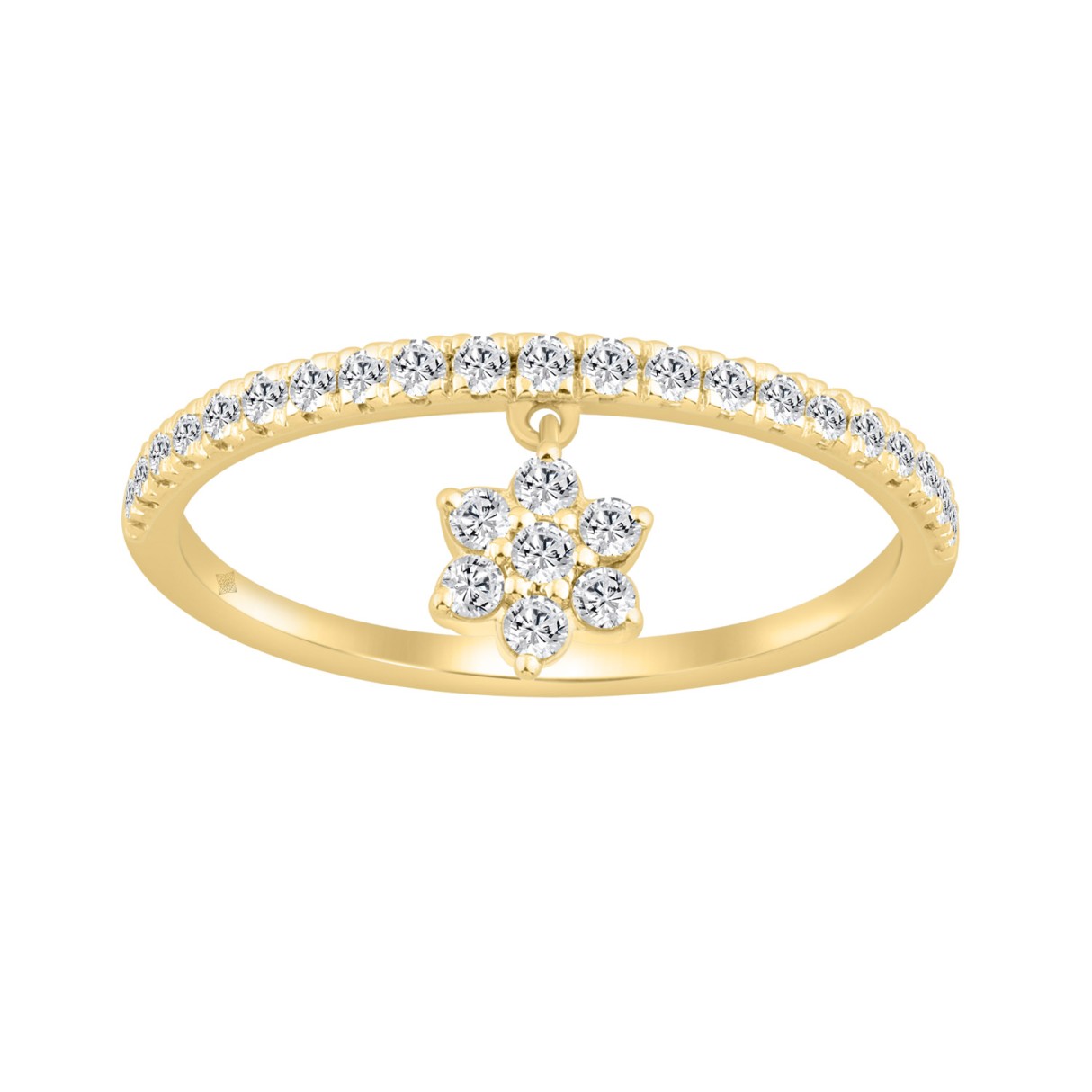 Elegant 10K Yellow Gold 1/4Ct Ladies Ring With Round Diamond Accents And Dangling Flower Charm