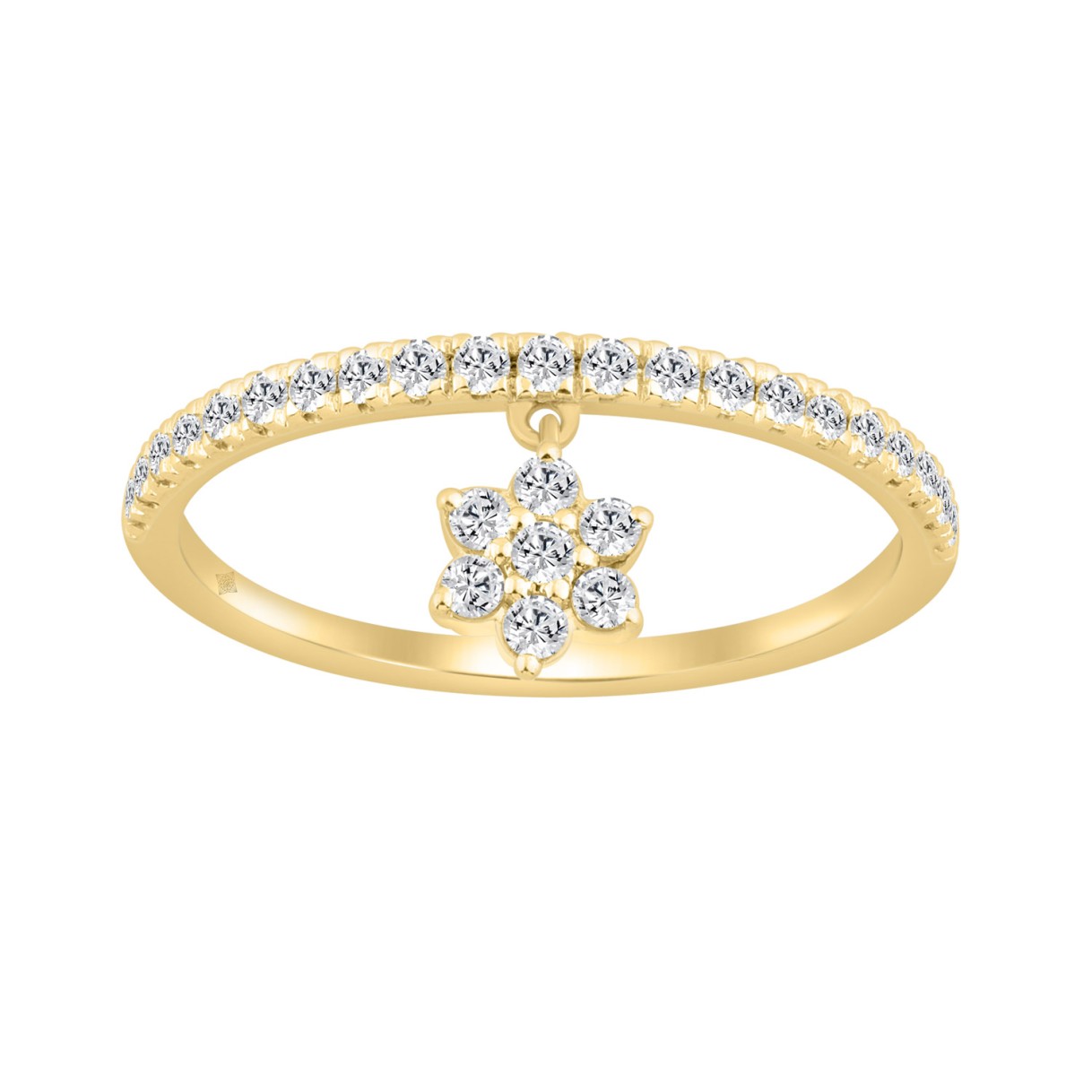 Elegant 10K Yellow Gold 1/4Ct Ladies Ring With Round Diamond Accents And Dangling Flower Charm