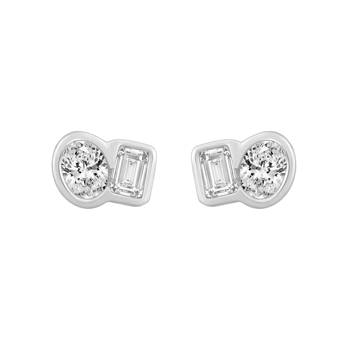 1/2CT White Gold 10K Collection Linked Hearts & Two-Stone Oval/Emerald Diamond stud Earring for Women (Color F-G -Clarity VS1/VS2)