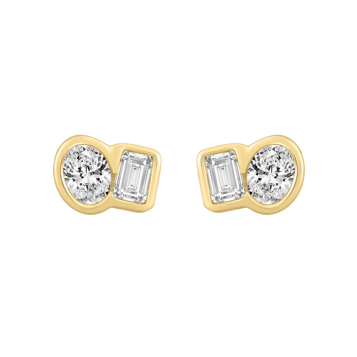 1/2CT Yellow Gold 10K Collection Linked Hearts & Two-Stone Oval/Emerald Diamond stud Earring for Women (Color F-G -Clarity VS1/VS2)
