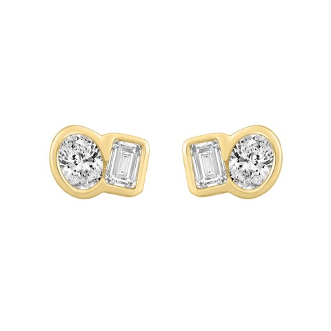 1/2CT Yellow Gold 10K Collection Toi et Moi & Two-Stone Oval/Emerald Diamond stud Earring for Women (Color F-G -Clarity VS1/VS2)