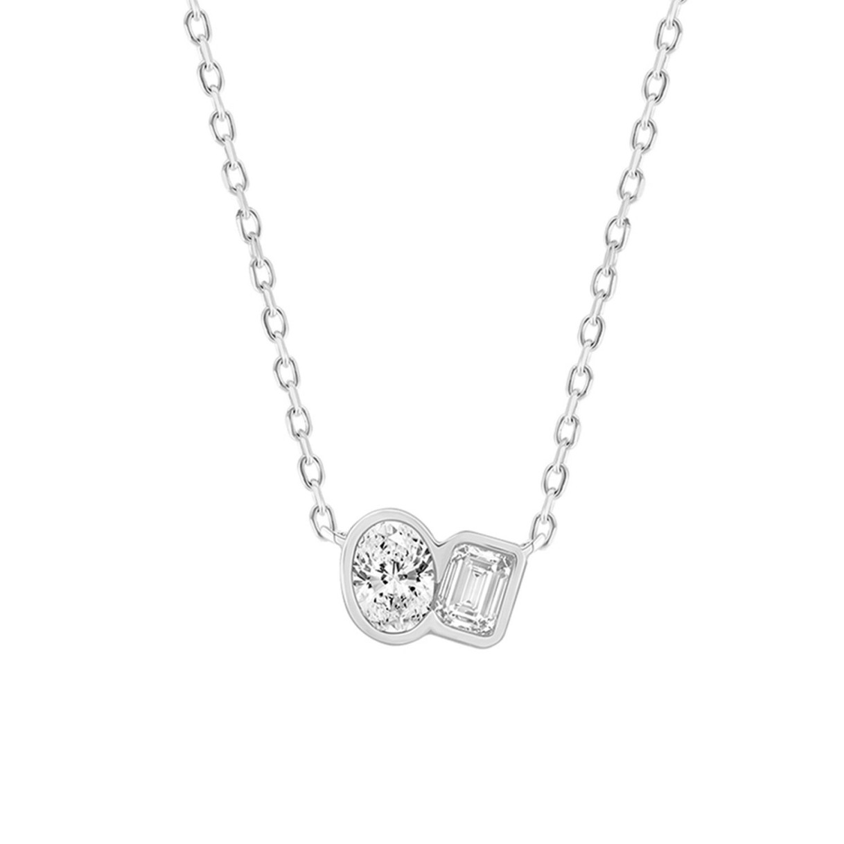 1/2CT White Gold 10K Collection Linked Hearts & Two-Stone Oval/Emerald Diamond Necklace for Women (Color F-G -Clarity VS1/VS2)