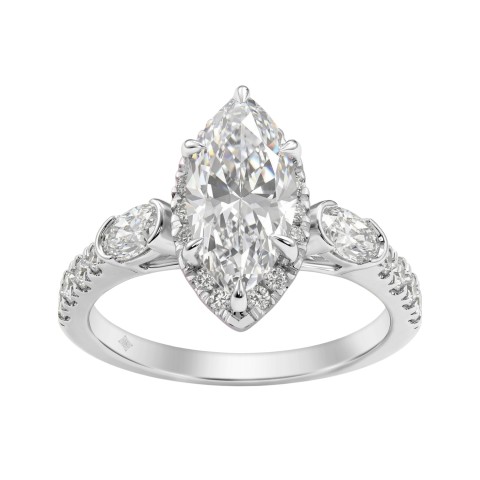 Luxury 14K White Gold 3.00 Ct Marquise, Oval And Round Diamond Halo Bridal Engagement Ring For Women 2Ct Marquise Center Stone (Color F-G -Clarity Vs1/Vs2)