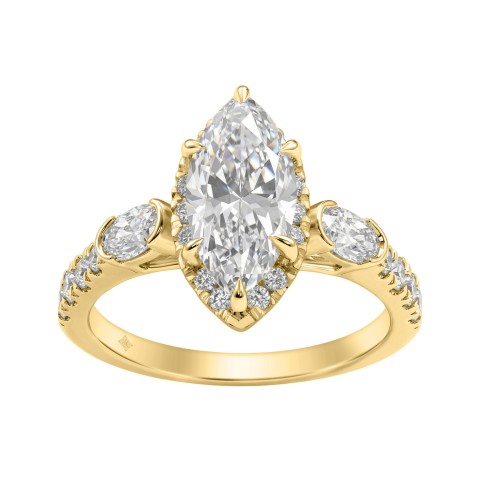 Luxury 14K Yellow Gold 3.00 Ct Marquise, Oval And Round Diamond Halo Bridal Engagement Ring For Women 2Ct Marquise Center Stone (Color F-G -Clarity Vs1/Vs2)