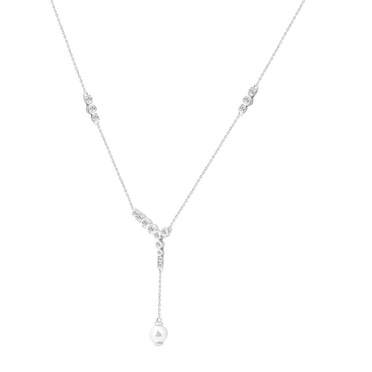 14K White Gold Pearl Drop Necklace For 1/2Ct Round Diamond Luxury Ladies Jewelry (Color F-G -Clarity Vs1/Vs2)
