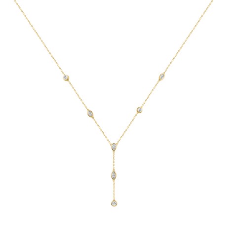 14K Yellow Gold Lab Brown Diamond Necklace 1 1/2Ct Round Pear Marquise Cut Drop Necklace For Ladies, Elegant Modern Jewelry (Color F-G -Clarity Vs1/Vs2)