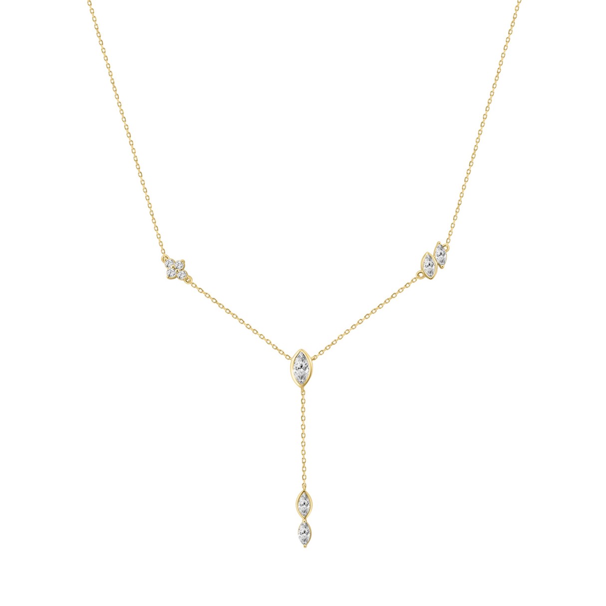 10K Yellow Gold Lab Grown Diamond Necklace 3/4Ct Round & Marquise Drop Necklace For Ladies, Elegant Modern Jewelry (Color F-G -Clarity Vs1/Vs2)