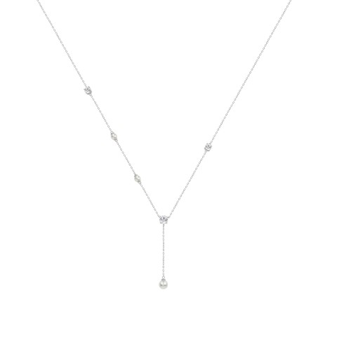 10K White Gold Diamond & Pearl Necklace For 1/2Ct Round Diamond Elegant Drop Necklace, Classic Ladies Fine Jewelry (Color F-G -Clarity Vs1/Vs2)