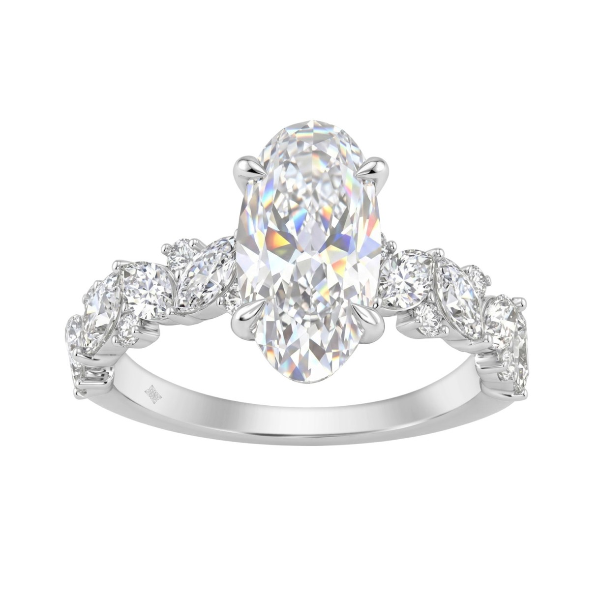 14K White Gold 3.00Ct Diamond Engagement Ring For Women 2.00Ct Elongated Oval Center Stone With Marquise & Round Side Stones, Luxury Bridal Ring (Color F-G -Clarity Vs1/Vs2)