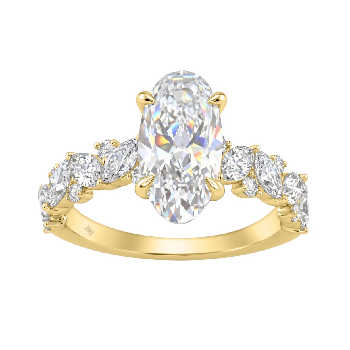 14K Yellow Gold 3.00Ct Diamond Engagement Ring For Women 2.00Ct Elongated Oval Center Stone With Marquise & Round Side Stones, Luxury Bridal Ring (Color F-G -Clarity Vs1/Vs2)