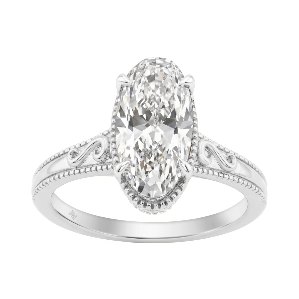 LADIES 14K White Gold 2 1/6Ct Diamond Engagement Ring Elongated Oval Cut Center With Round Side Stones, Elegant Fine Ring 2Ct Oval Center Stone (Color F-G -Clarity Vs1/Vs2)