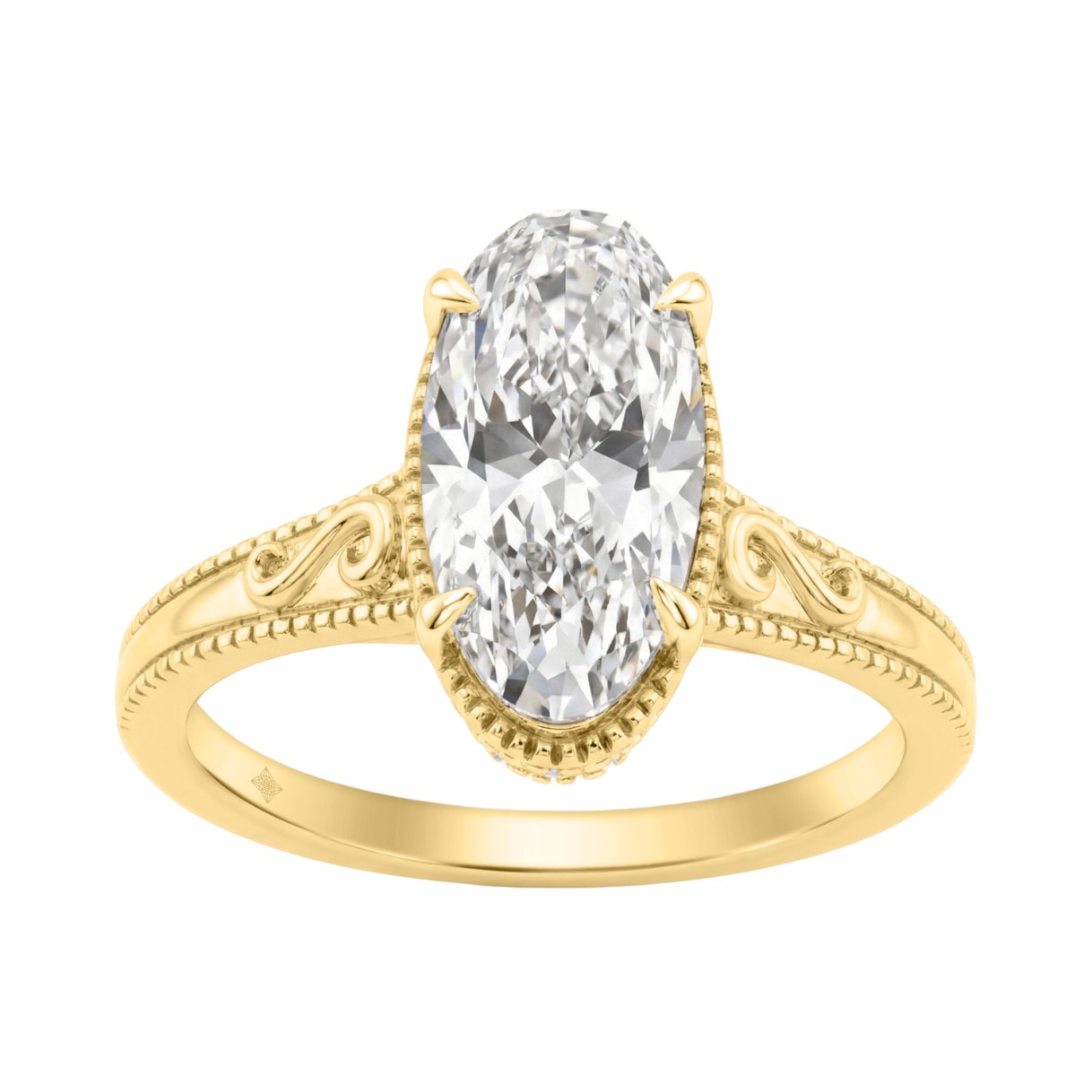 LADIES 14K Yellow Gold 2 1/6Ct Diamond Engagement Ring Elongated Oval Cut Center With Round Side Stones, Elegant Fine Ring 2Ct Oval Center Stone (Color F-G -Clarity Vs1/Vs2)