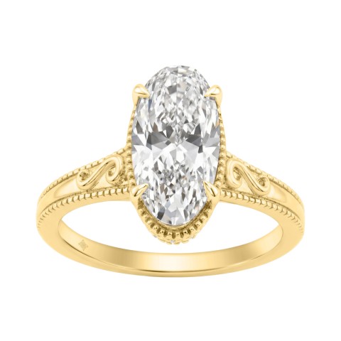 LADIES 14K Yellow Gold 2 1/6Ct Diamond Engagement Ring Elongated Oval Cut Center With Round Side Stones, Elegant Fine Ring 2Ct Oval Center Stone (Color F-G -Clarity Vs1/Vs2)