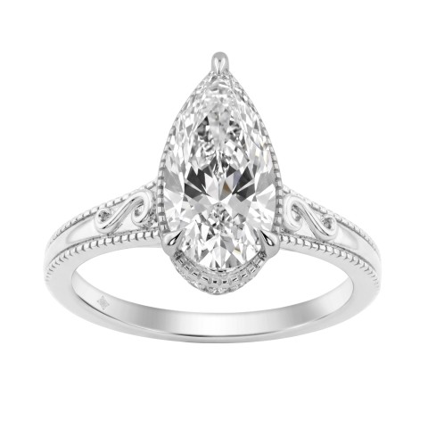 LADIES 14K White Gold 2 1/6Ct Diamond Engagement Ring Elongated Pear Cut Center With Round Side Stones, Elegant Fine Ring 2Ct Pear Center Stone (Color F-G -Clarity Vs1/Vs2)